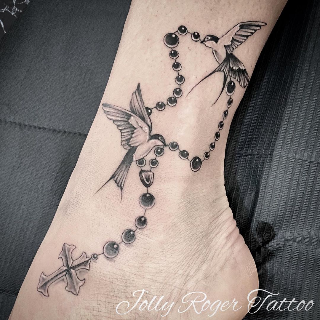 Little Swallows And Rosary Tattoo 