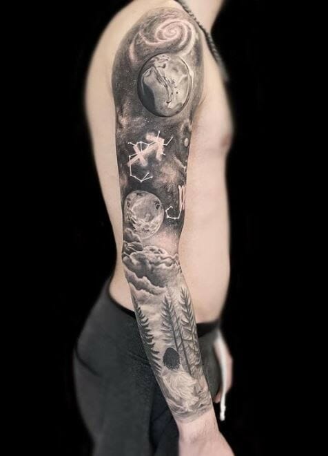 whole-sleeve-tattoo-of-skull-in-space-small-space-tattoos-planets-stars-sun-around-it  | Galaxy tattoo, Space tattoo, Space tattoo sleeve