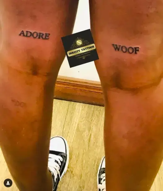Adore Woof Wording tattoo for thigh