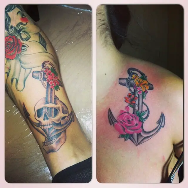 Anchor and rose tattoo on chest