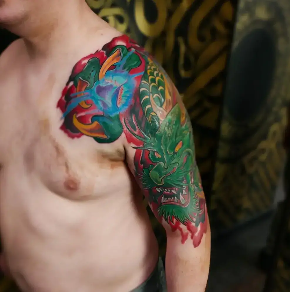 Colorful Angry Dragon Shoulder Tattoo