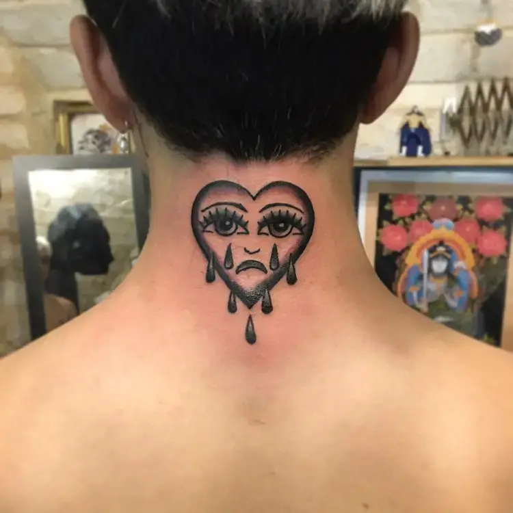 Crying Heart Tattoo On Neck