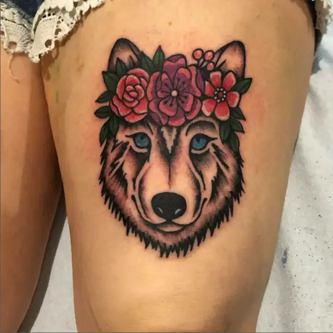 Cute Floral Wolf Tattoo