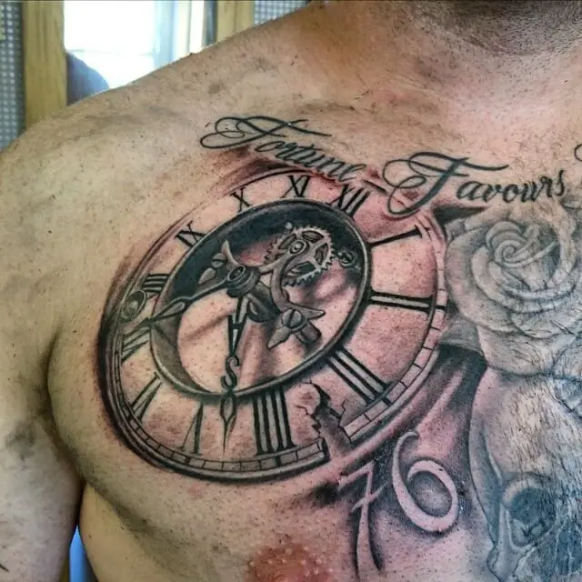 Enthralling flower and clock chest tattoo