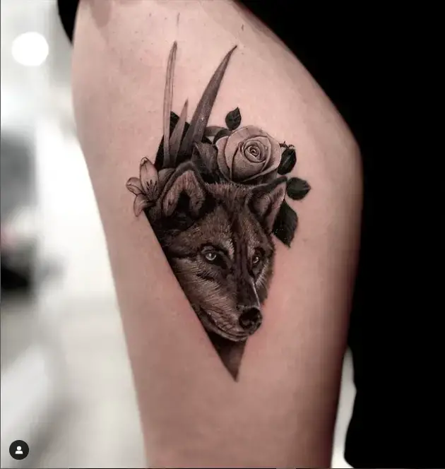 Floral and Wolf Tattoo