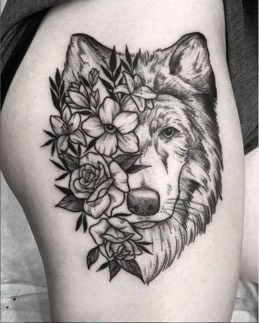 Fun Wolf and Flower Tattoo 
