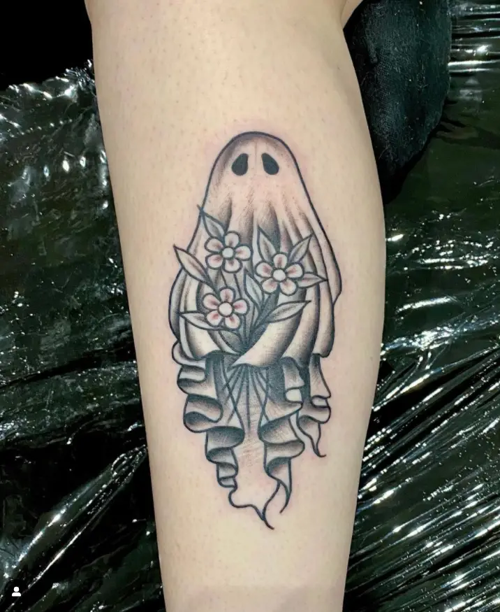 Ghost Holding Flowers Tattoo design