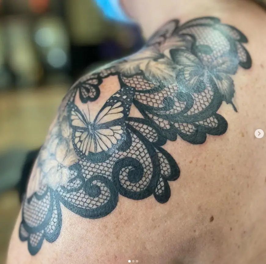 Lace Tattoo Design On Left Shoulder