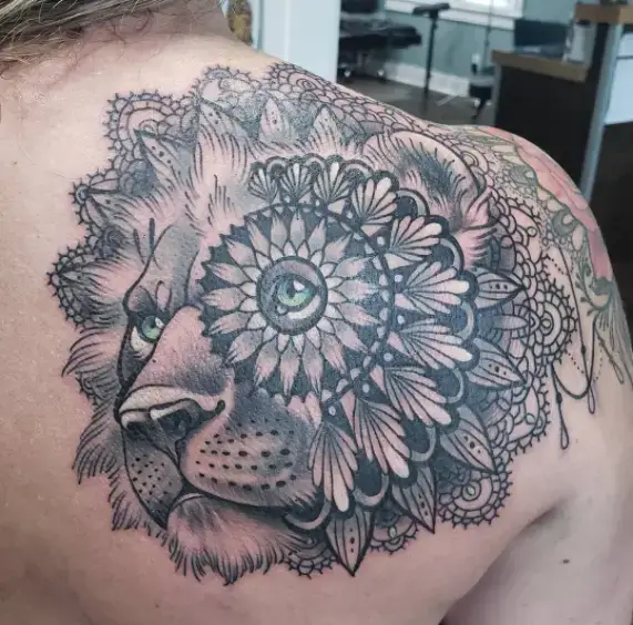 Lion Lace Tattoo On Shoulder