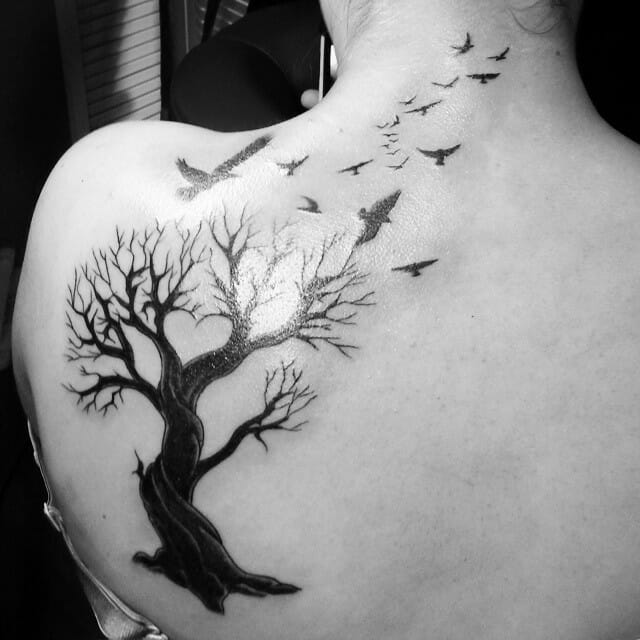 Tattoo Upper Back With Black Birds And Tree