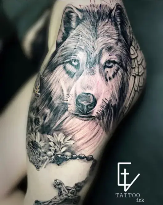 Wolf with Cross Tattoo