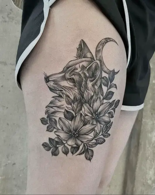 Wolf with Flowers and Crescent Moon Tattoo