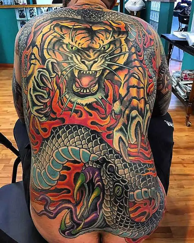 Colorful Dragon And Tiger Fight Tattoo
