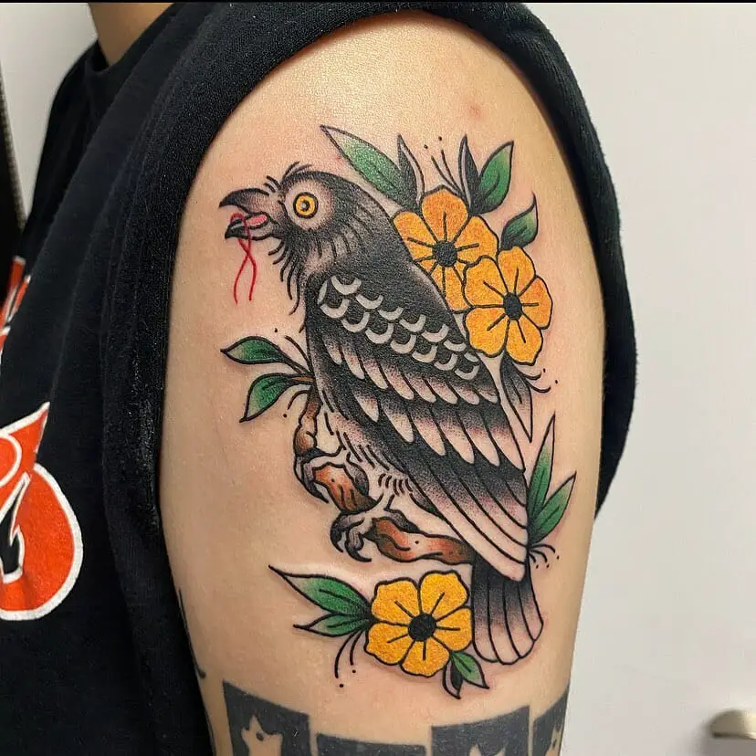 Neo-traditional Crow Tattoo