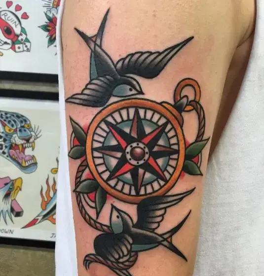 Compass And Bird Tattoo On Arm